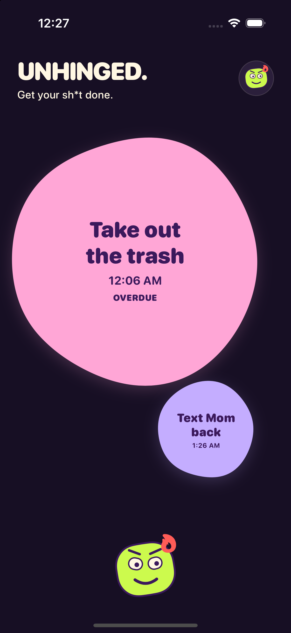 UNHINGED showing an overdue trash task as a large pink blob and a later task as a smaller purple blob.